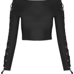 Black Lace Up Sexy Solid Crew Neck Cropped Top