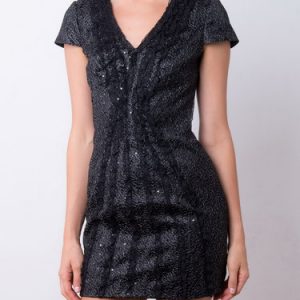 Black Lace-trimmed Elegant V Neck Cap Sleeve Mini Dress