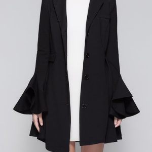 Black Lapel Frill Sleeve A-line Coat