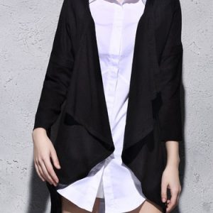 Black Linen Long Sleeve Plain Asymmetric Coat