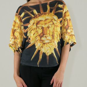 Black Lionhead Printed Half Sleeve Bateau/boat Neck Blouse