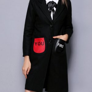 Black Long Sleeve Buttoned Lapel Letter Coat