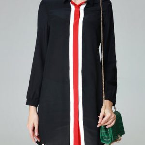 Black Long Sleeve Color-block Silk Blouse