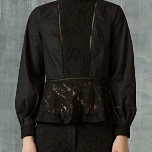 Black Long Sleeve Cotton Lace Paneled Long Sleeved Top