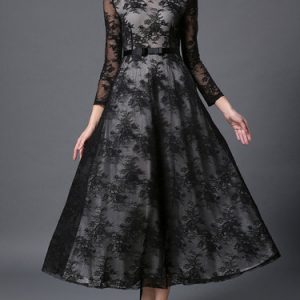 Black Long Sleeve Crew Neck Lace Swing Maxi Dress