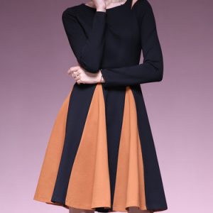 Black Long Sleeve Cutout A-line Color-block Midi Dress