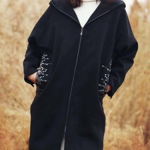 Black Long Sleeve Embroidered Hoodie Coat