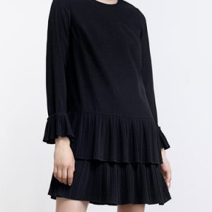 Black Long Sleeve Flounce Pleated Mini Dress