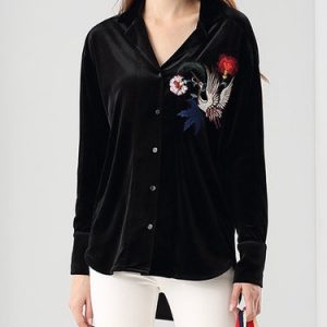 Black Long Sleeve H-line Asymmetric Animal Embroidered Tunic