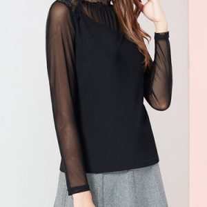 Black Long Sleeve H-line Mesh Paneled Blouse