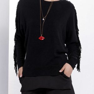 Black Long Sleeve H-line Solid Fringed Sweatshirt