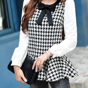 Black Long Sleeve Paneled Checkered/Plaid Blouse