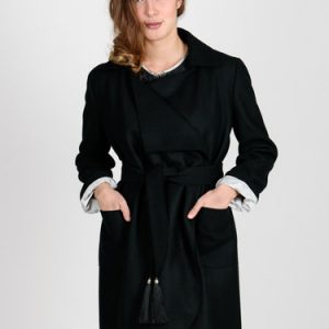 Black Long Sleeve Pockets Wool Blend Solid Coat