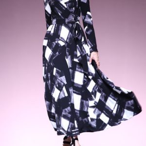 Black Long Sleeve Printed A-line Midi Dress