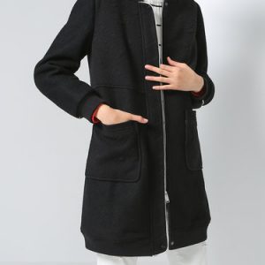 Black Long Sleeve Ribbed Crew Neck Plain Coat