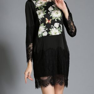 Black Long Sleeve Satin Floral Mini Dress