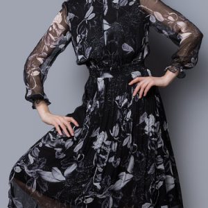 Black Long Sleeve Silk A-line Floral Midi Dress