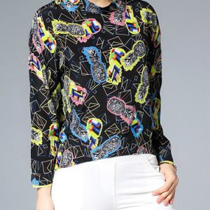 Black Long Sleeve Silk H-line Stand Collar Blouse