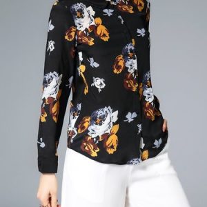 Black Long Sleeve Silk Peter Pan Collar Floral Blouse