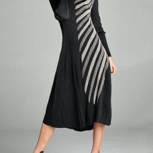 Black Long Sleeve Stripes A-line Ribbed Midi Dress