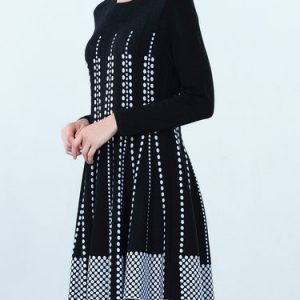 Black Long Sleeve Wool Blend Knitted Polka Dots Sweater Dress