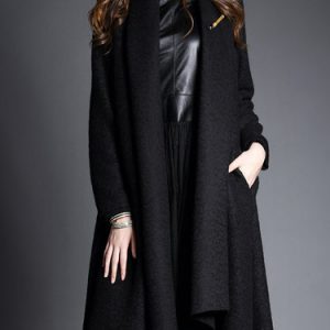 Black Long Sleeve Wool Blend Plain Coat