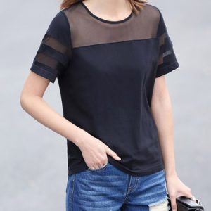 Black Mesh Paneled H-line Plain Casual T-Shirt