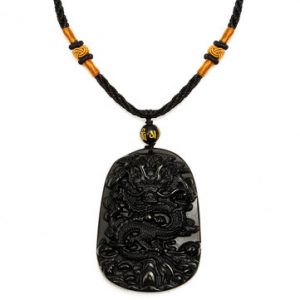 Black Obsidian Carved Dragon Pendant Necklace