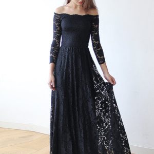 Black Off Shoulder Elegant Lace Evening Dress