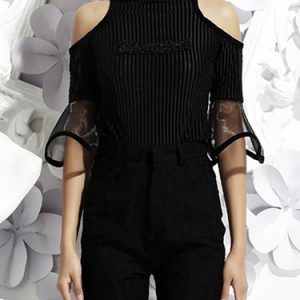 Black Off Shoulder Frill Sleeve Mesh Blouse