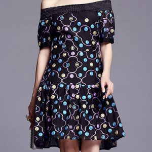 Black Off Shoulder Half Sleeve Geometric A-line Midi Dress