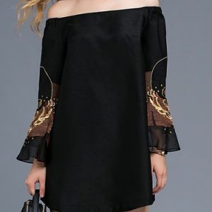 Black Off Shoulder Sexy Flared Sleeve Embroidered Mini Dress