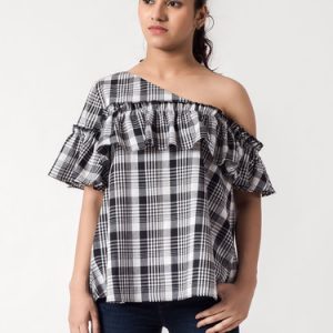 Black One Shoulder Frill Sleeve Blouse