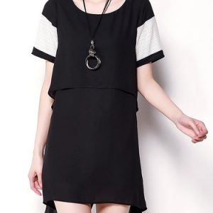 Black Paneled Chiffon Crew Neck Casual Mini Dress