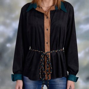 Black Paneled Color-block Elegant Velvet Blouse with Belt