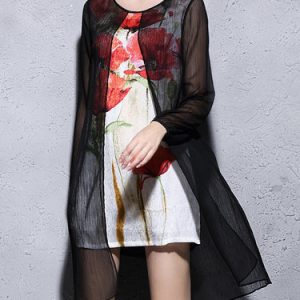 Black Paneled Crew Neck H-line Floral Mini Dress