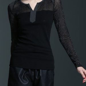 Black Paneled Glitter-finished Long Sleeved Top