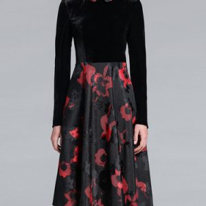 Black Paneled Long Sleeve A-line Floral Print Midi Dress