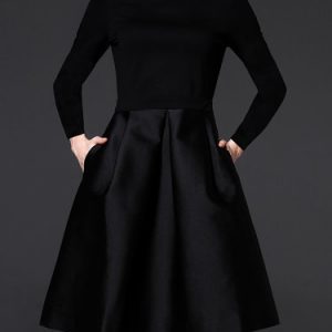 Black Paneled Long Sleeve A-line Midi Dress