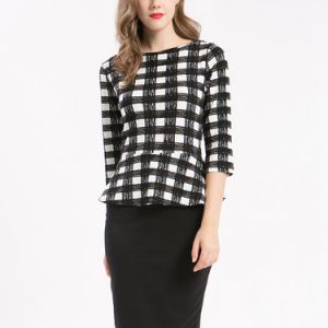 Black Paneled Peplum Checkered 3/4 Sleeve Midi Dress