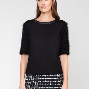 Black Paneled Woven H-line Fluffy Short Sleeved Top