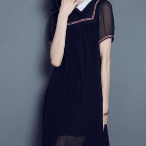 Black Peter Pan Collar Short Sleeve Pleated Mini Dress