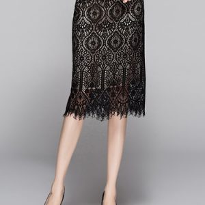 Black Pierced Crocheted Casual Midi Skirt