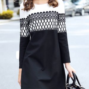 Black Pierced Long Sleeve Geometric Color Block Mini Dress