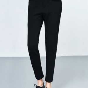 Black Plain Cotton-blend Casual Straight Leg Pants