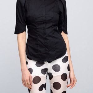 Black Plain Cotton-blend Short Sleeve V Neck Blouse