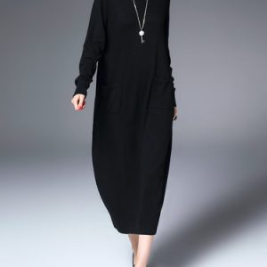 Black Plain Crew Neck Casual Knitted Sweater Dress