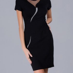 Black Plain Crew Neck Paneled Short Sleeve Midi Dress