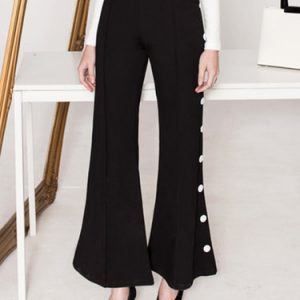 Black Plain Elegant Buttoned Simple Flared Pants