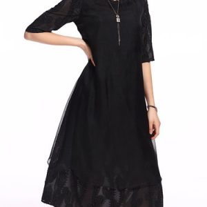 Black Plain Half Sleeve Embroidered Midi Dress